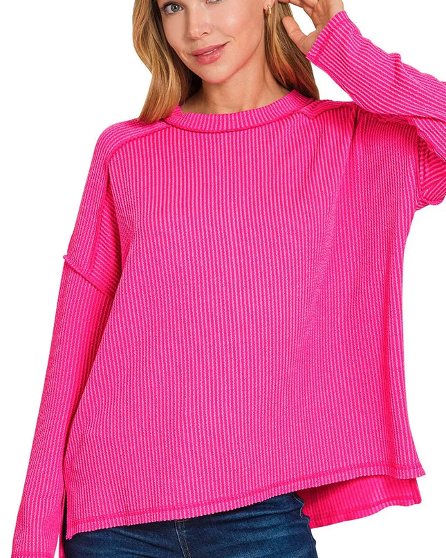 Zenana Exposed Seam Long Sleeve Corded Rib Knit Top