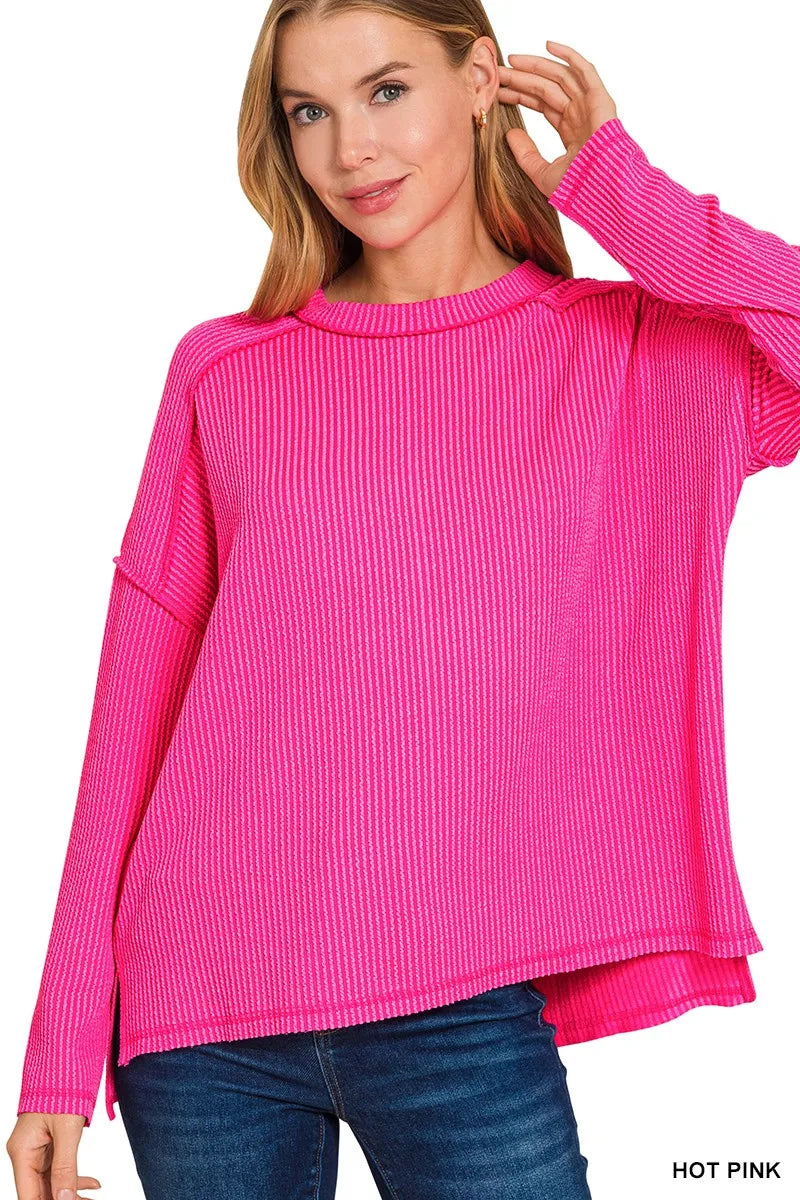 Zenana Exposed Seam Long Sleeve Corded Rib Knit Top