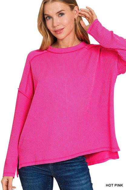 Zenana Exposed Seam Long Sleeve Corded Rib Knit Top