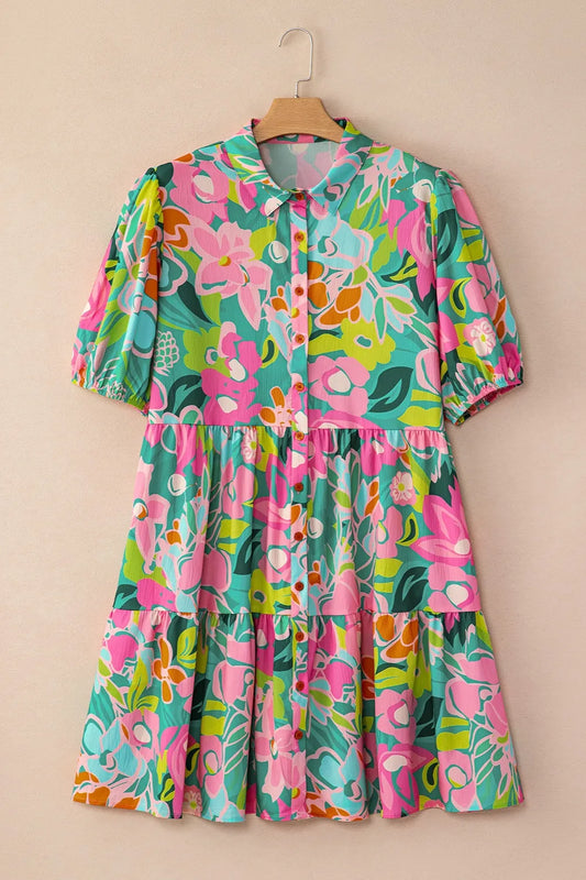 Printed Collared Neck Puff Sleeve Mini Dress Floral