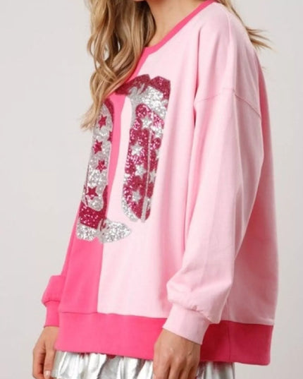 Sequin Boots Color Block Sweatshirt