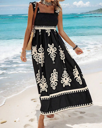 Smocked Printed Wide Strap Maxi Dress 