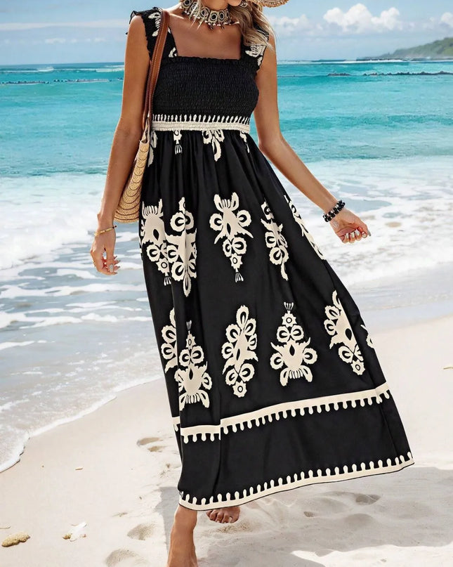Smocked Printed Wide Strap Maxi Dress 