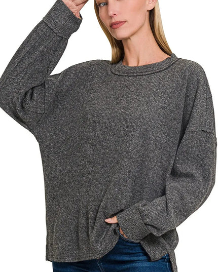 Zenana Full Size Brushed Ribbed Hacci Drop Shoulder Sweater Plus Size BLACK