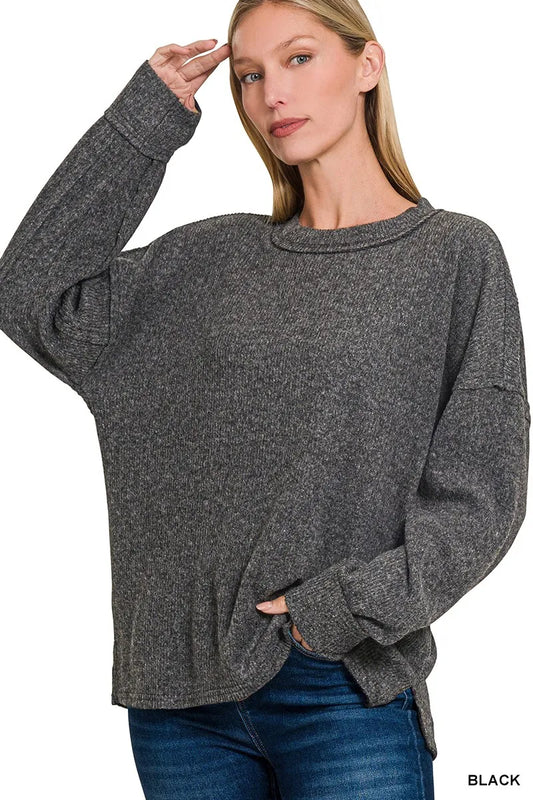 Zenana Full Size Brushed Ribbed Hacci Drop Shoulder Sweater Plus Size BLACK