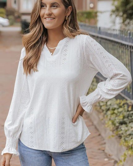 Openwork Notched Flounce Sleeve Blouse 