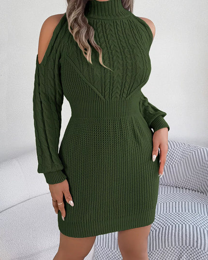 Cold Shoulder Cable Knit Turtleneck Sweater Dress