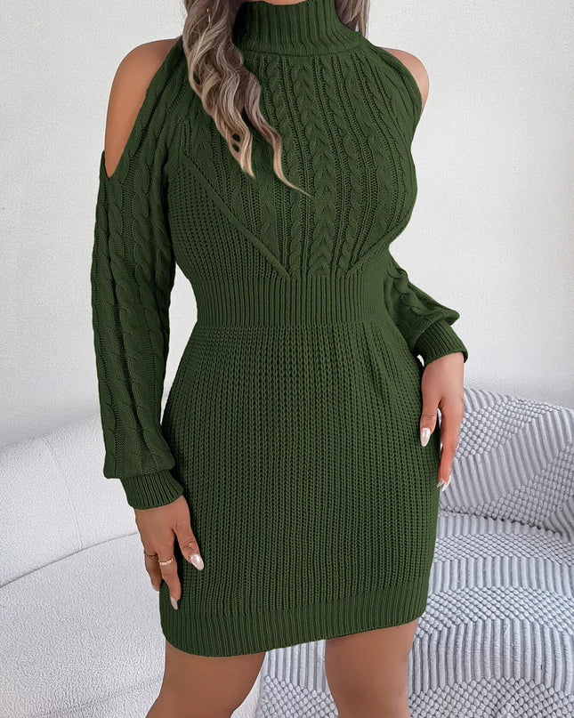 Cold Shoulder Cable Knit Turtleneck Sweater Dress