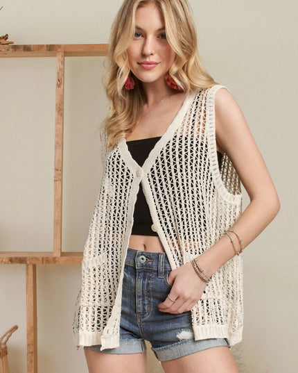 ADORA Button Down Crochet Vest Top BEIGE