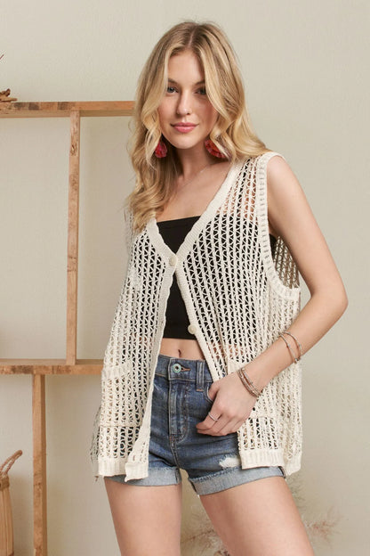 ADORA Button Down Crochet Vest Top BEIGE