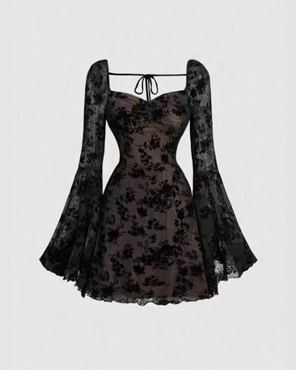 Lace Flare Sleeve Mini Dress Black