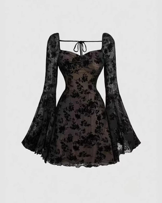 Lace Flare Sleeve Mini Dress Black