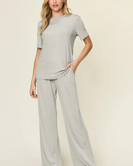 Double Take Full Size Round Neck Short Sleeve T-Shirt and Wide Leg Pants Set Light Gray