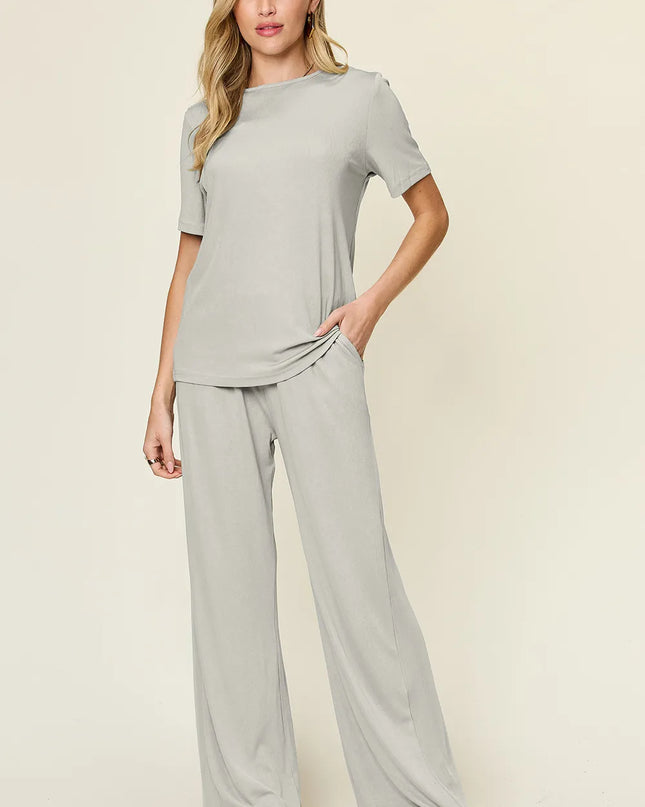 Double Take Full Size Round Neck Short Sleeve T-Shirt and Wide Leg Pants Set Light Gray