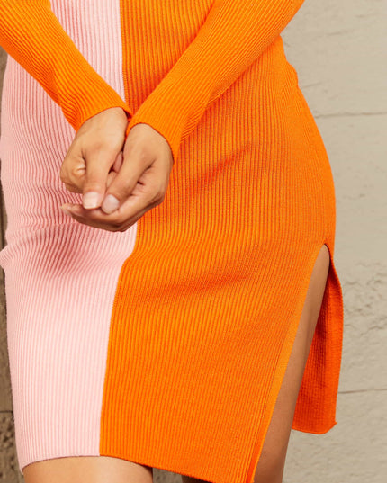 Woven Right Contrast Slit Sweater Dress