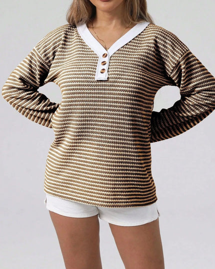 Striped Button Detail Long Sleeve Top Coffee Brown