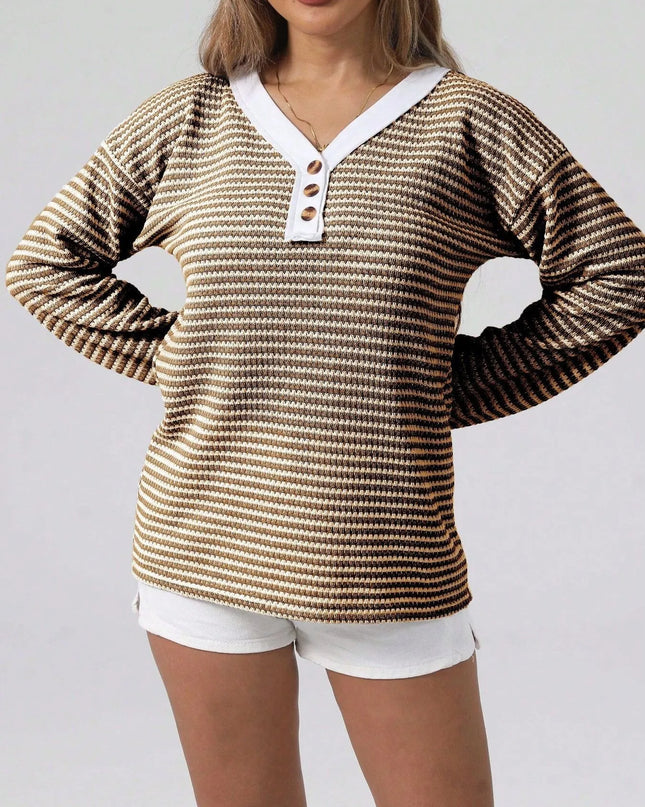 Striped Button Detail Long Sleeve Top Coffee Brown