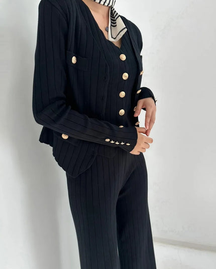 V-Neck Tank, Cardigan and Pants Three-Piece Sweater Set Black One Size