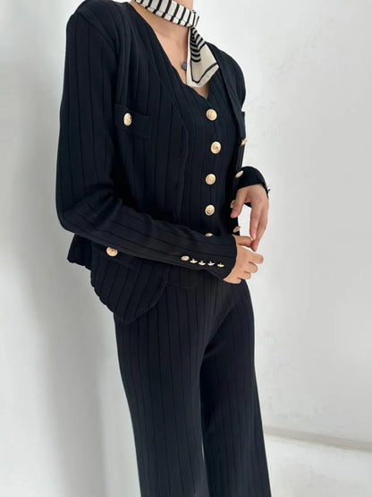 V-Neck Tank, Cardigan and Pants Three-Piece Sweater Set Black One Size