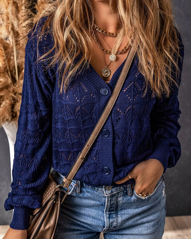 Openwork Button Up Cardigan Blue