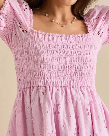 Eyelet Puff Sleeve Smocked Mini Dress