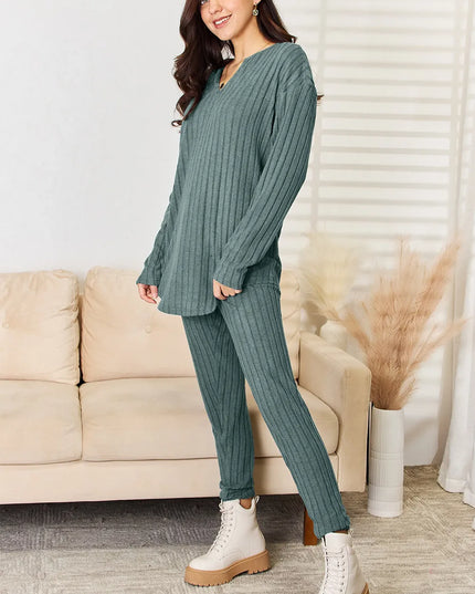 Basic Bae Full Size Notched Long Sleeve Top and Pants Set