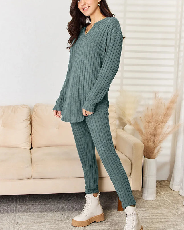 Basic Bae Full Size Notched Long Sleeve Top and Pants Set