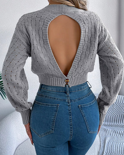 Cutout Back Openwork Round Neck Long Sleeve Sweater