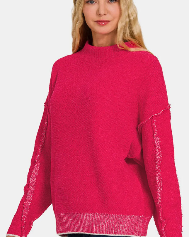 Zenana Exposed Seam Mock Neck Long Sleeve Sweater Viva Magenta