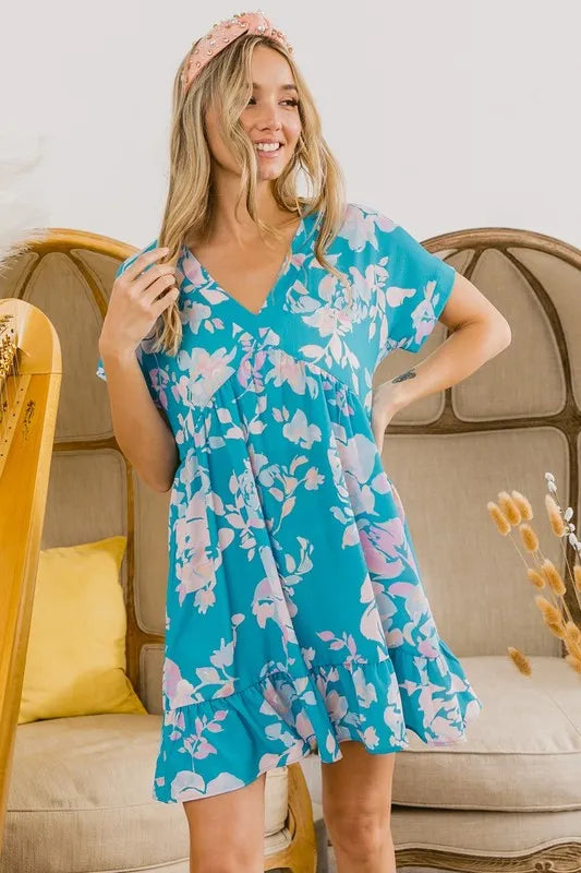 BiBi Floral Crinkle Shirred Ruffle Detail V Neck Dress
