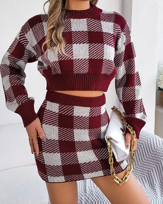 Plaid Round Neck Top and Skirt Sweater Set Burgundy