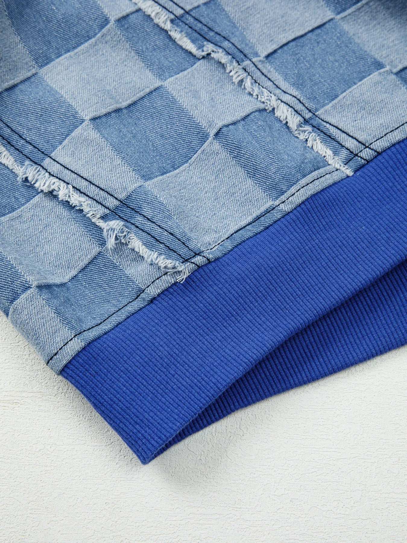Checkerboard Splicing Raw Detail Oversized Denim Top