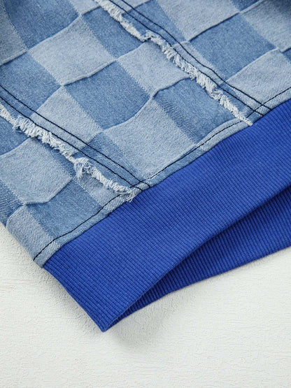 Checkerboard Splicing Raw Detail Oversized Denim Top