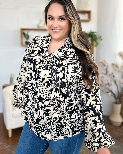 Double Take Full Size Printed Ruffle Trim Balloon Sleeve Shirt