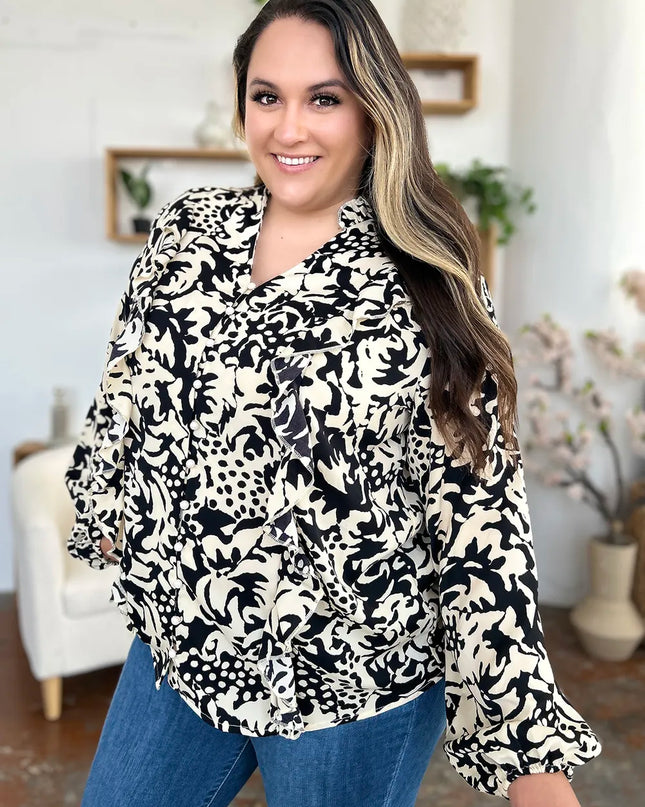 Double Take Full Size Printed Ruffle Trim Balloon Sleeve Shirt