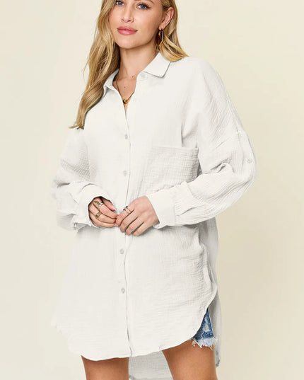 Double Take Full Size Pocketed Texture Button Up Shirt White
