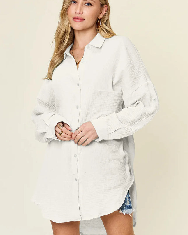 Double Take Full Size Pocketed Texture Button Up Shirt White
