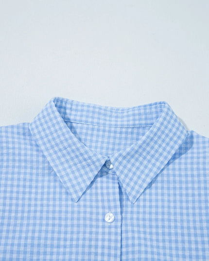 Gingham Print Puff Sleeve Button-Up Shirt