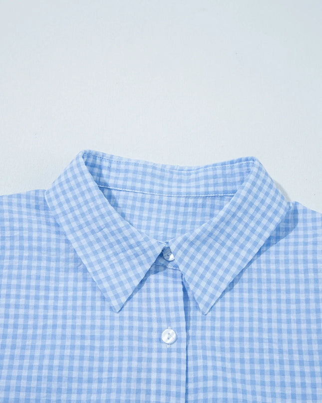 Gingham Print Puff Sleeve Button-Up Shirt