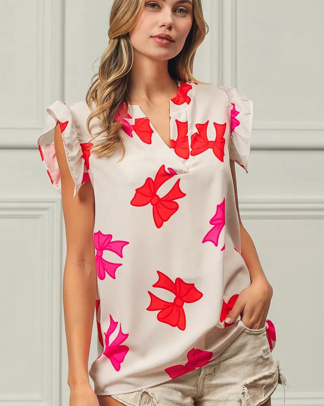 BiBi Bow Printed Woven Ruffled Sleeves V Neck Top