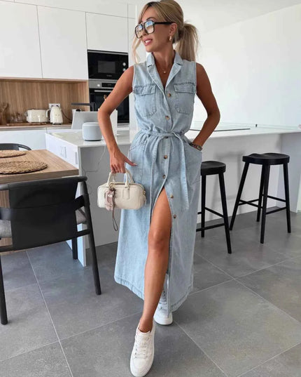 Button Front Sleeveless Denim Dress