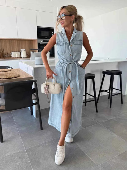 Button Front Sleeveless Denim Dress