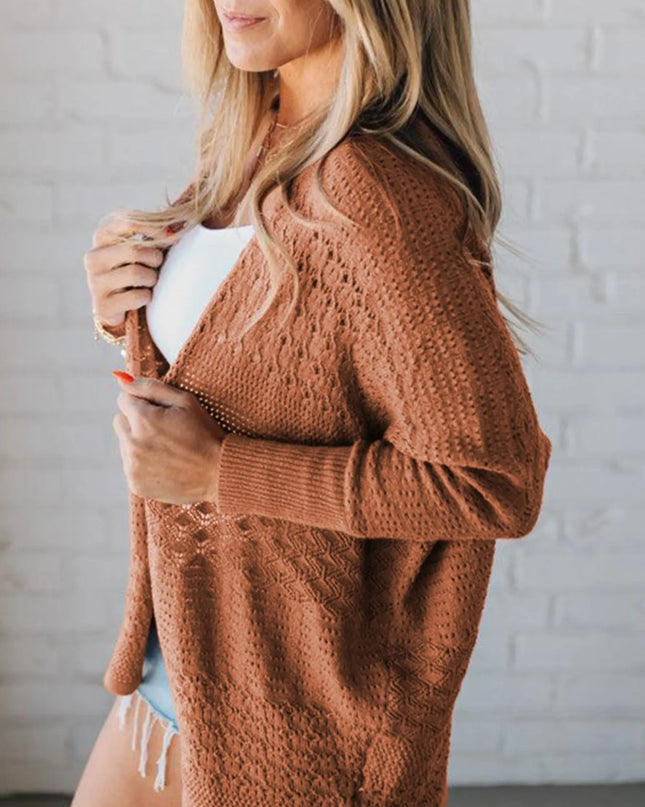 Open Front Knitted Cardigan with Eyelet Details