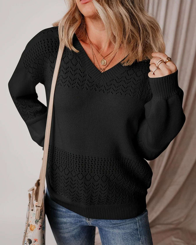 Eyelet Deatil V-Neck Long Sleeve Sweater