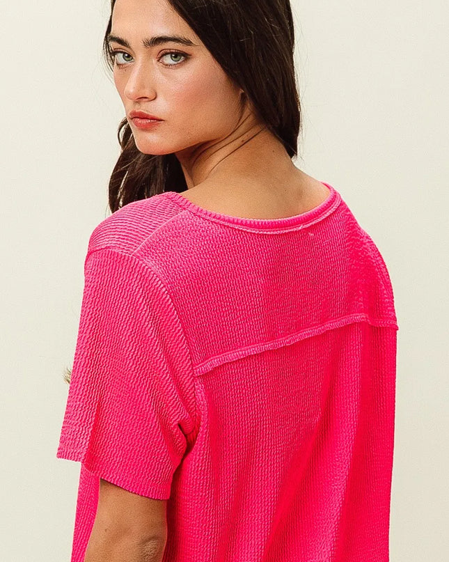 BiBi Waved Rib U Neck Top With Front Pocket