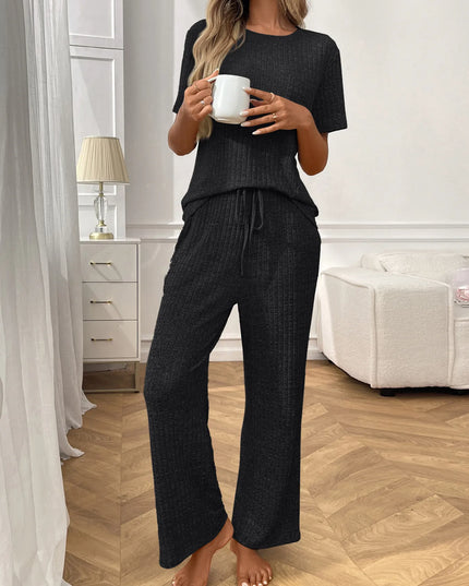 Ribbed Knit Short Sleeve Top and Pants Lounge Set