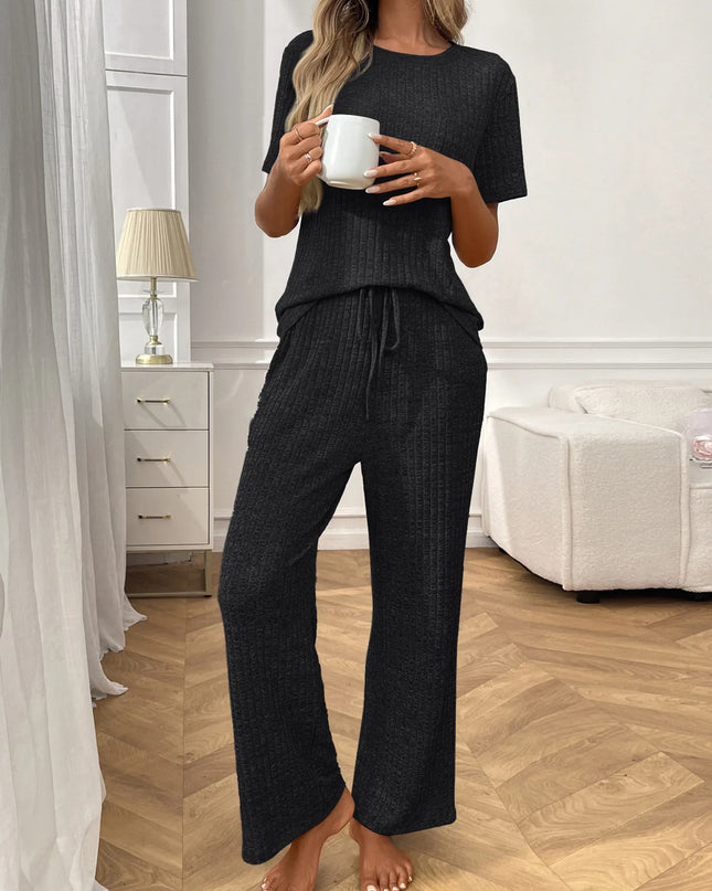 Ribbed Knit Short Sleeve Top and Pants Lounge Set