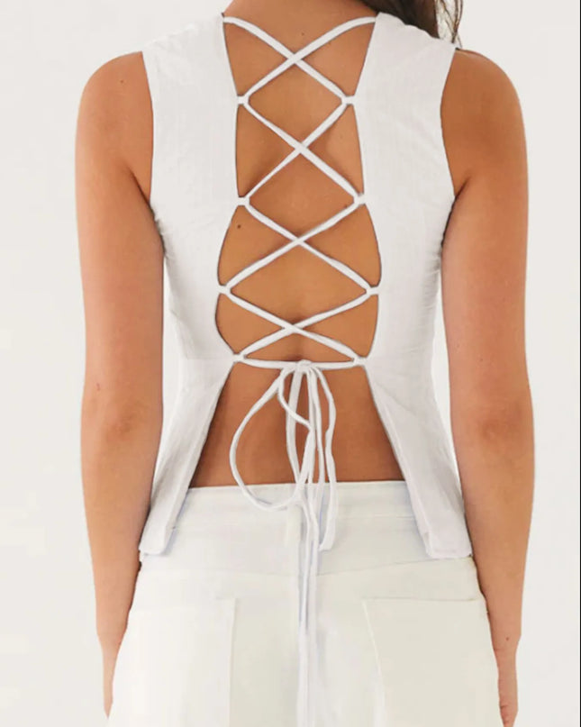 Back Lace Up Sleeveless Top with Cinched Waist Design