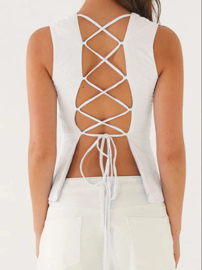 Back Lace Up Sleeveless Top with Cinched Waist Design