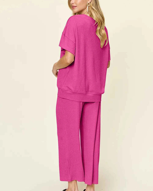 Double Take Full Size Texture Round Neck Short Sleeve T-Shirt and Wide Leg Pants